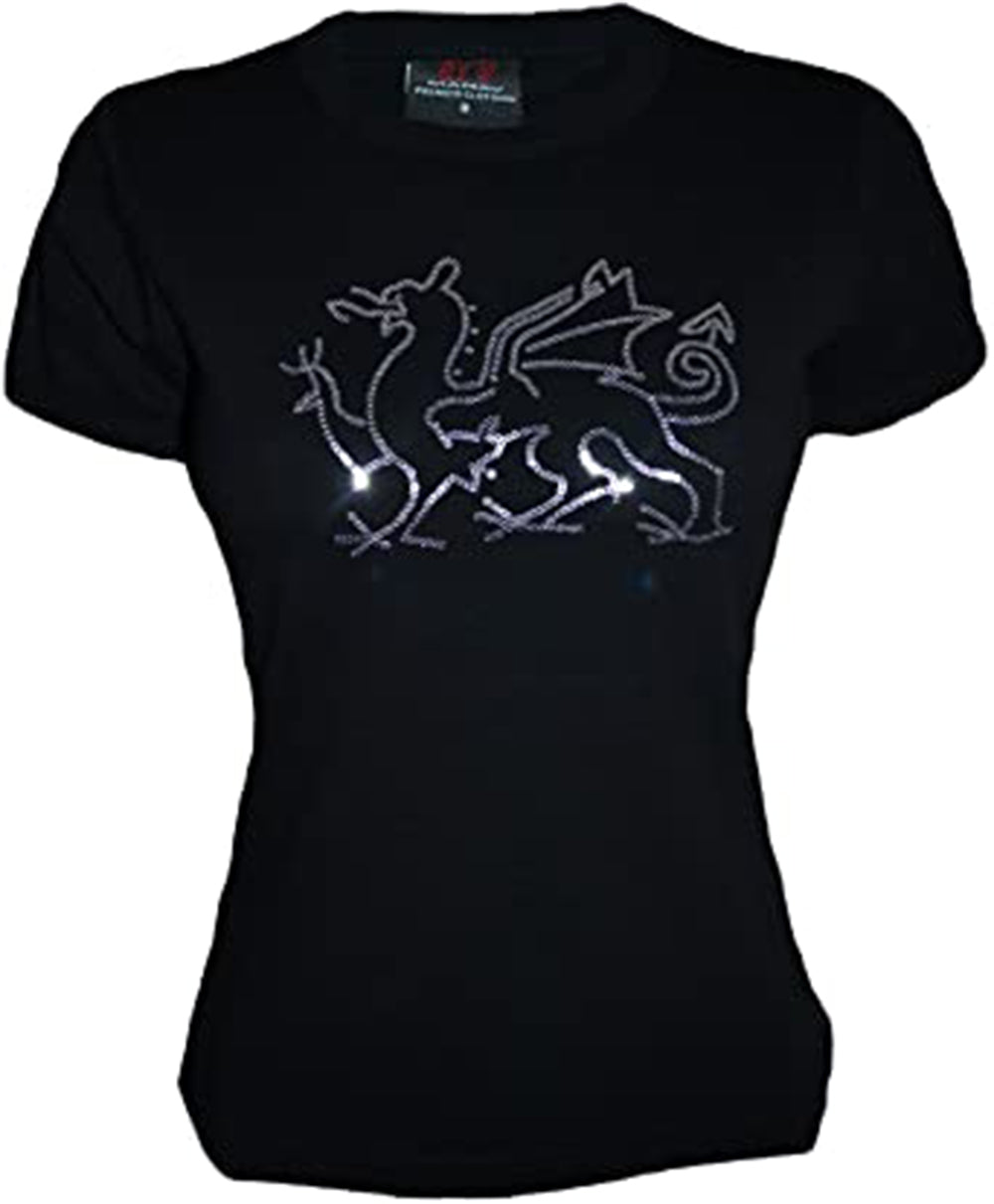 Women's Sequin Welsh Dragon T Shirt Top - in Black