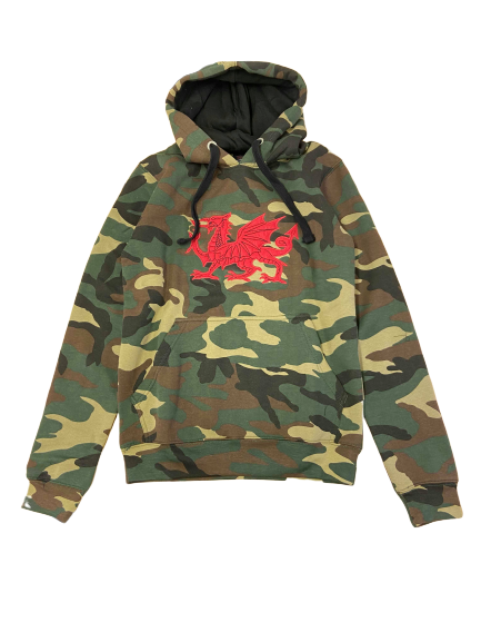 Camo Applique Welsh Dragon Hoodie - in Green & Red