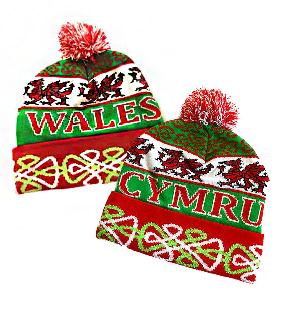 Wales Cymru Jacquard Knitted Pom Pom Bobble Hat