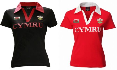 New Ladies Welsh Cymru Classic Rugby V Collar Cotton Polo T-shirt Top Black