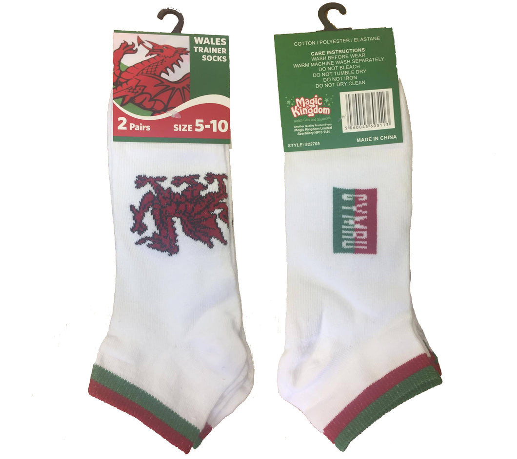 Wales 2 Pack of Welsh Dragon White Trainer Socks