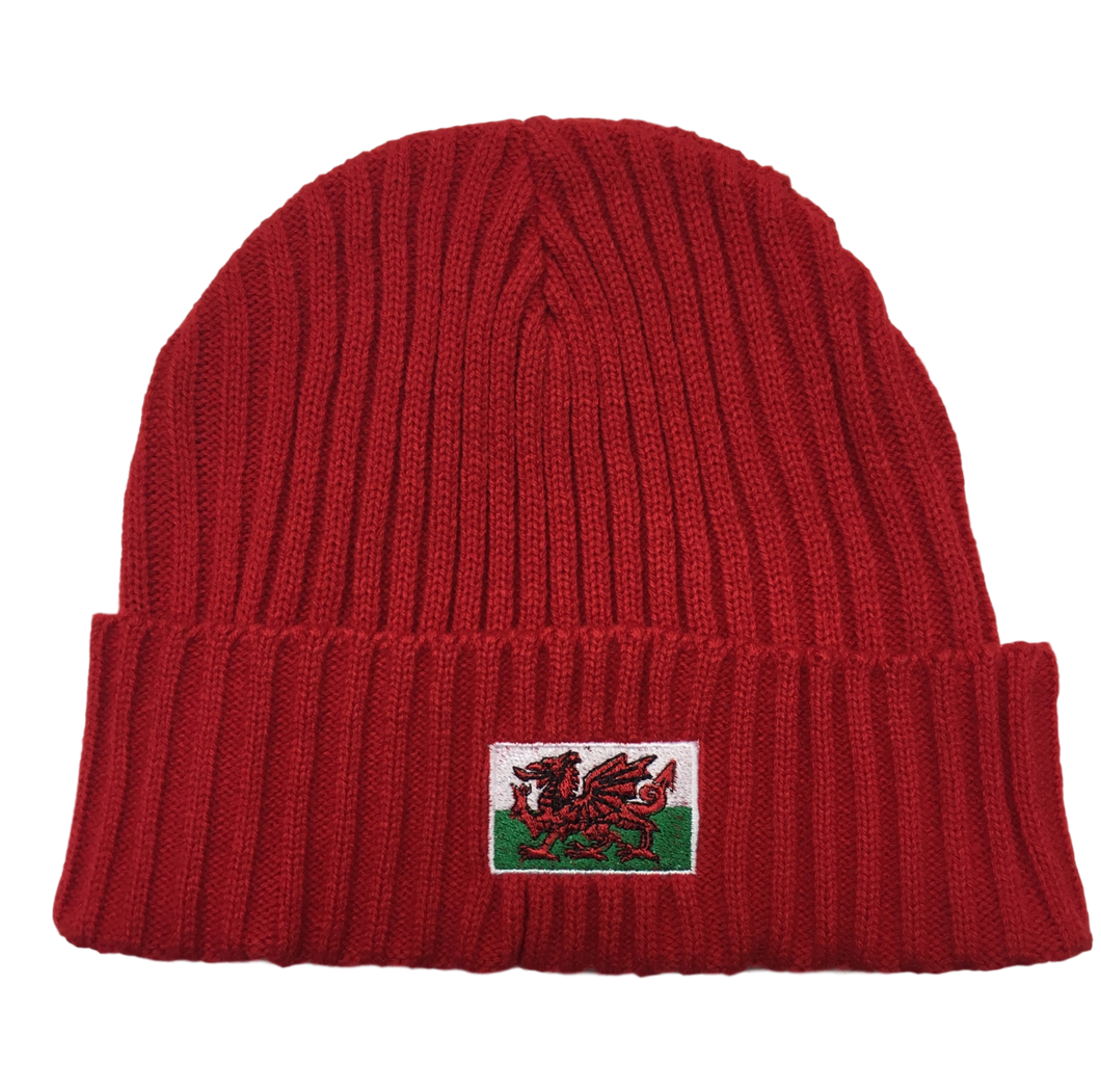 Welsh Knitted Ski Beanie Ribbed Hat - In Red