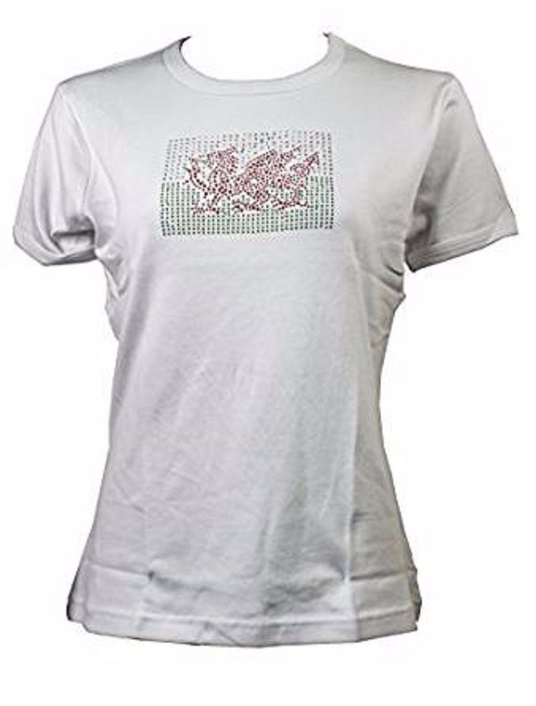 Women's Welsh Dragon Flag Diamante Slim Fit Tee T Shirt - In White