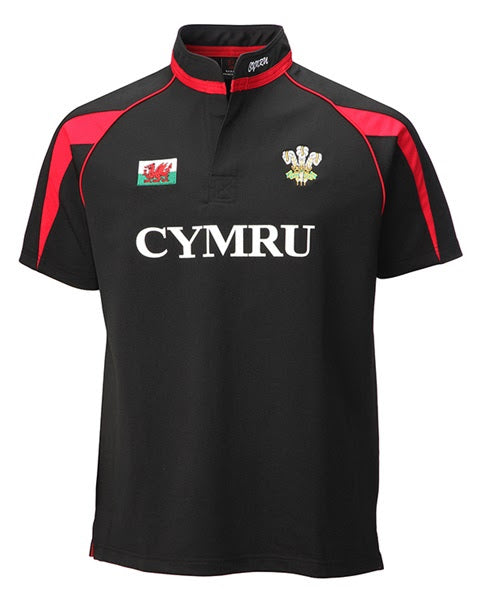 Cymru Poly Grandad Collar Rugby Shirt - in Black
