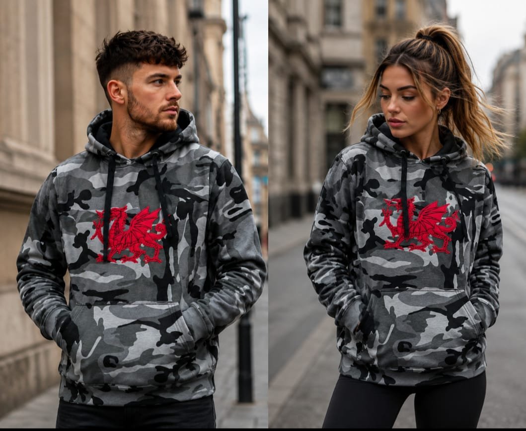 New Wales Welsh Dragon Applique Camoflague Hoodie Top - Image 7