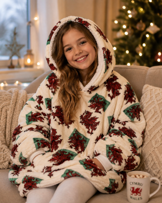 Kids Wales Welsh Oversized Sherpa Fleece Hoodie Hooded Soft Winter Blanket