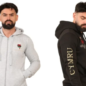 Men's Wales Cymru Welsh Flag Dragon St David's Day Gold Embroidered Zip Hoodies