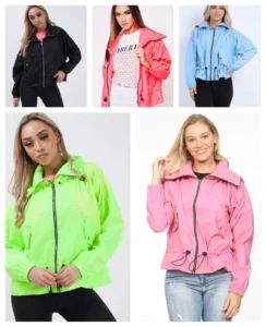New Ladies High Neck Drawstring Waist Waterproof Outdoor Jacket Raincoat…