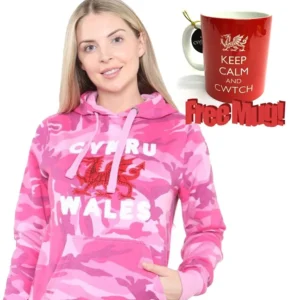 new ladies wales cymru welsh dragon pink camo rugby hoodie *free mug*