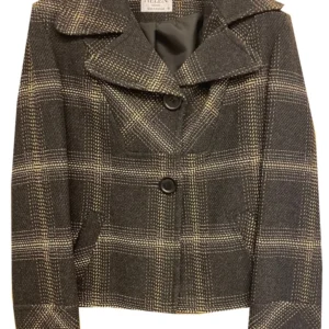new ladies wool blend check design waist length lined blazer biker jacket