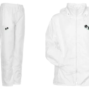 new white unisex bowling lawns bowls logo water proof hooded jacket trousers