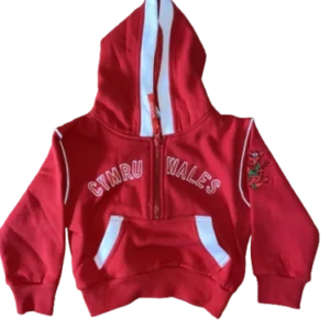 Kids' Wales Cymru Welsh Dragon Embroidered Red 1/2 Zip Hoodie - Image 2