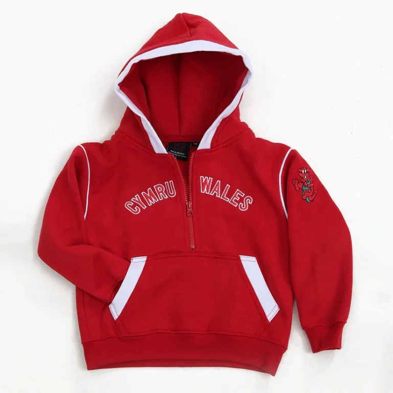 Kids' Wales Cymru Welsh Dragon Embroidered Red 1/2 Zip Hoodie - Image 3