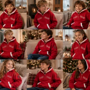 Kids’ Wales Cymru Welsh Dragon Embroidered Red 1/2 Zip Hoodie