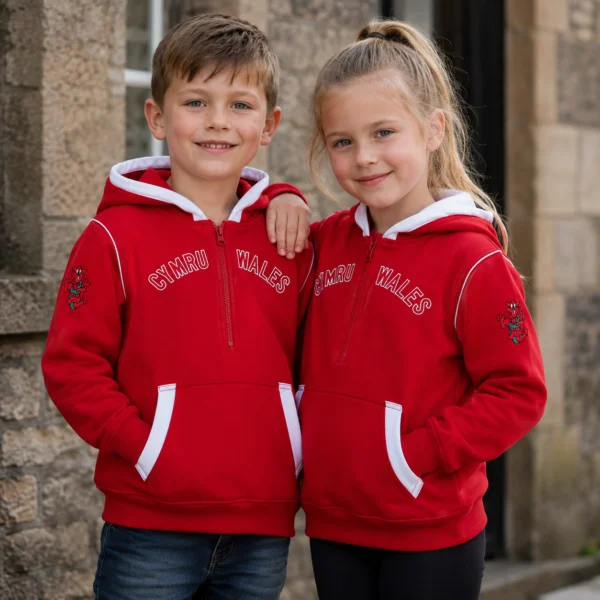 Stylish Kids Wales Hoodie – Cymru Welsh Dragon Red 1/2 Zip - Image 4