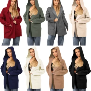 Women’s Italian Wool Blend Open Front Hooded Cardigan with Pockets