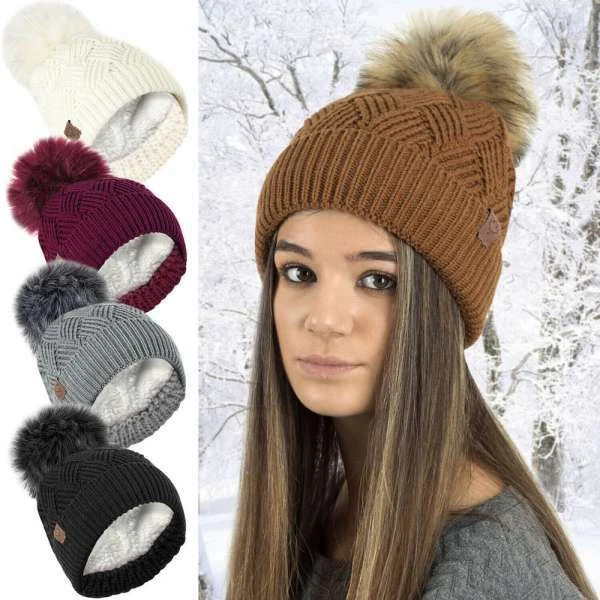 New Ladies Detachable Faux Fur Pompom Bobble Thermal Fleece Lined Knitted Hat