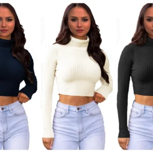 New Ladies Polo Roll Neck Long Sleeve Ribbed Knitted Crop Top UK Size 8-14