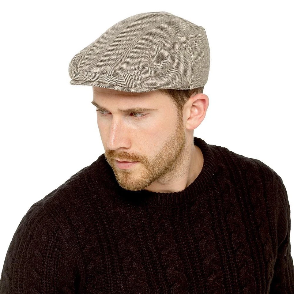 New Men's Herringbone Tweed Traditional Wool Blend Lined Flat Cap Peak Hat - Image 4