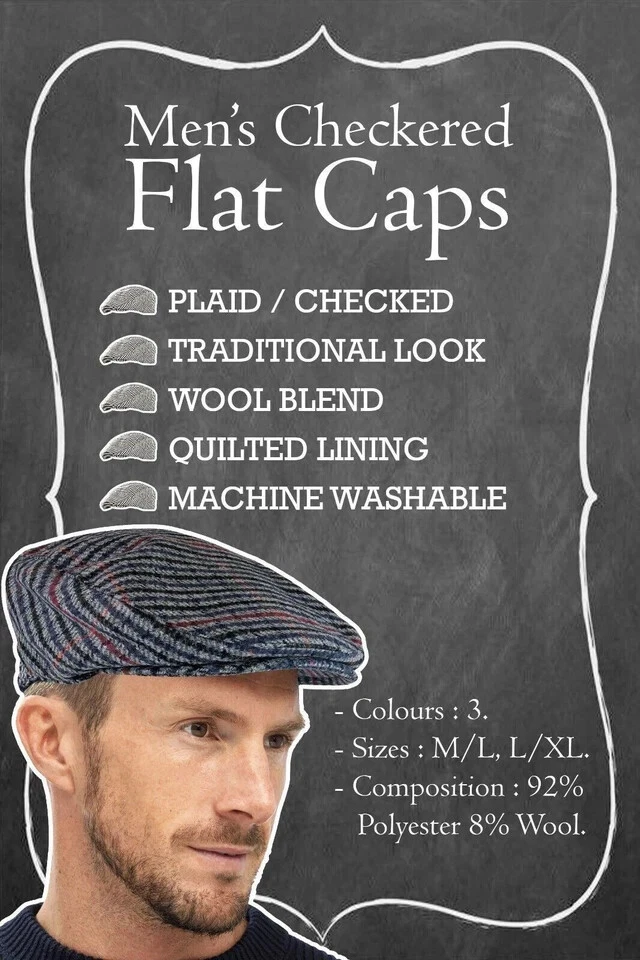New Men's Herringbone Tweed Traditional Wool Blend Lined Flat Cap Peak Hat - Image 5