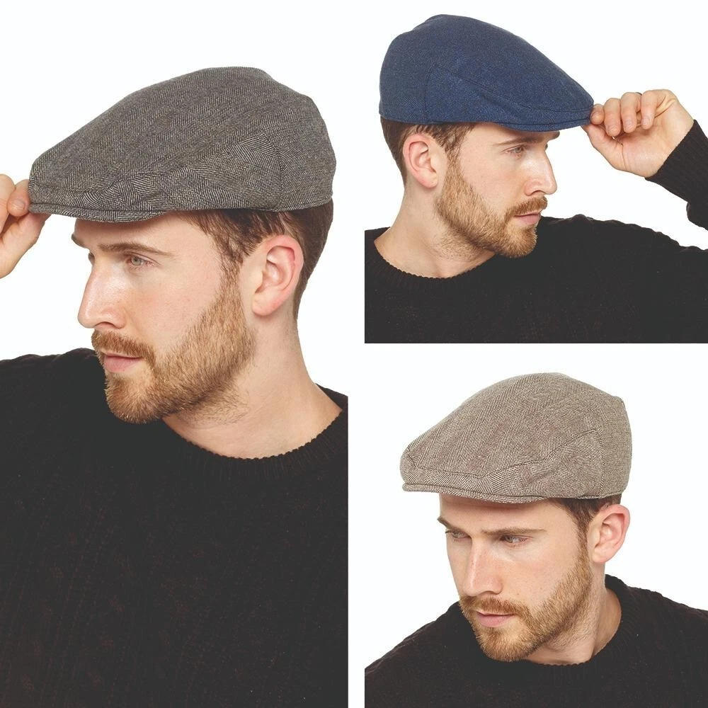 New Men's Herringbone Tweed Traditional Wool Blend Lined Flat Cap Peak Hat