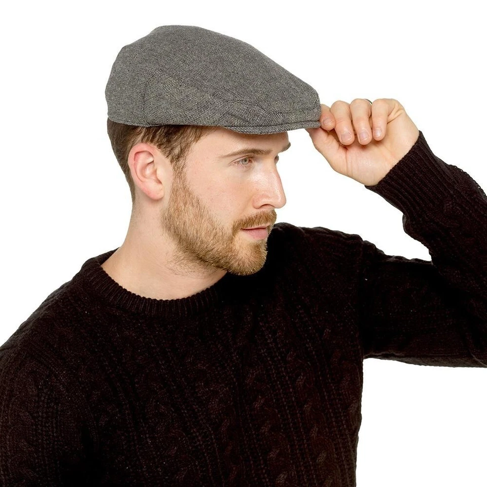 New Men's Herringbone Tweed Traditional Wool Blend Lined Flat Cap Peak Hat - Image 2