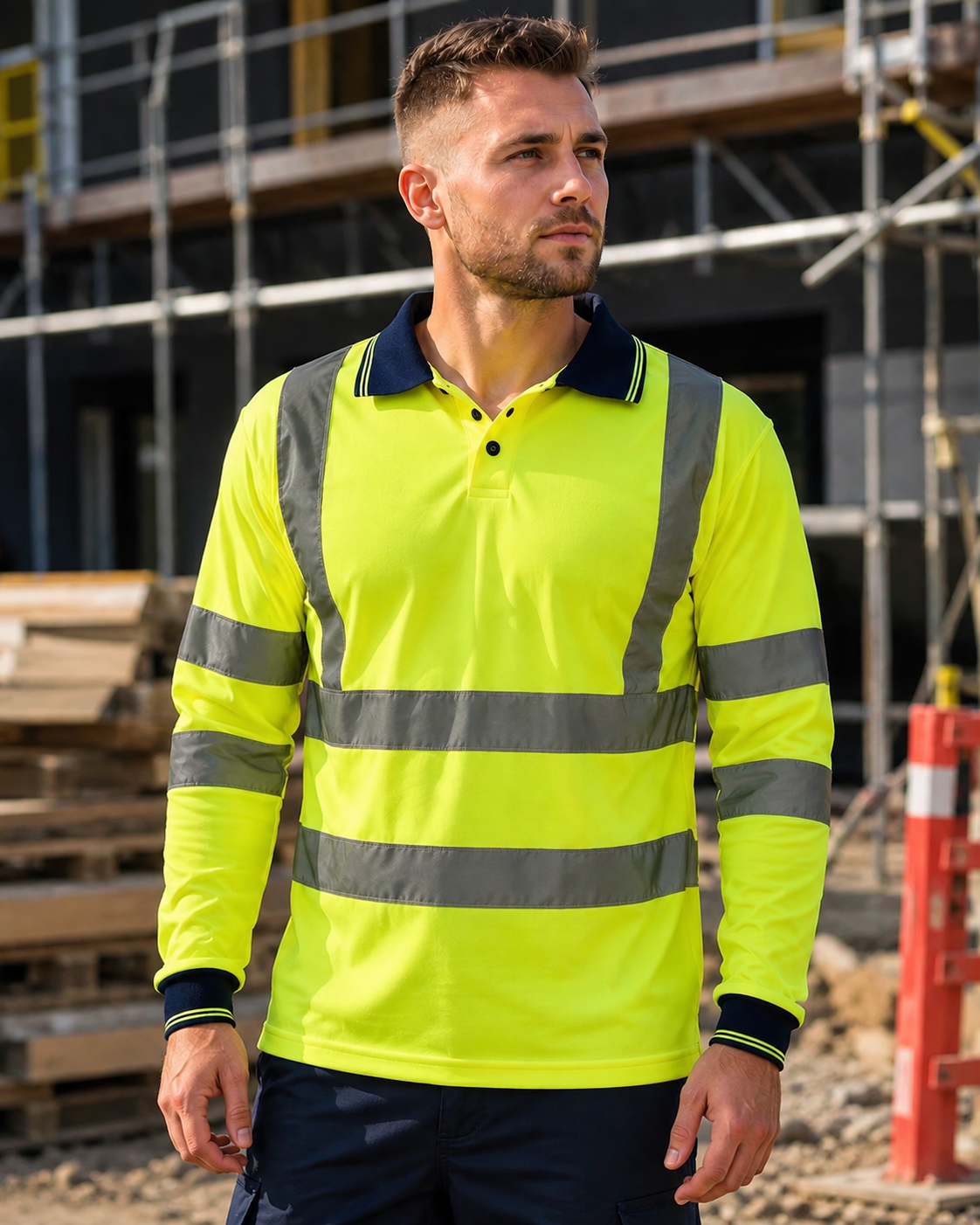 New Men's 'Step Ahead' Yellow Hi Vis Long Sleeve Polo Shirt Workwear Size 4XL
