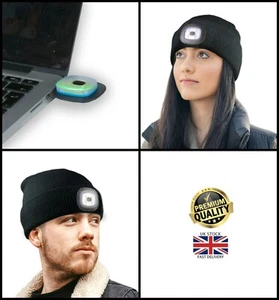 New Adults LED Battery or Rechargeable USB Head Torch Light Beanie Knitted Hat