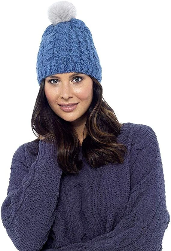 New Ladies Acrylic Wool Cable Knitted Beanie Hat With Faux Fur Bobble By Foxbury - Image 2