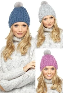 New Ladies Acrylic Wool Cable Knitted Beanie Hat With Faux Fur Bobble By Foxbury