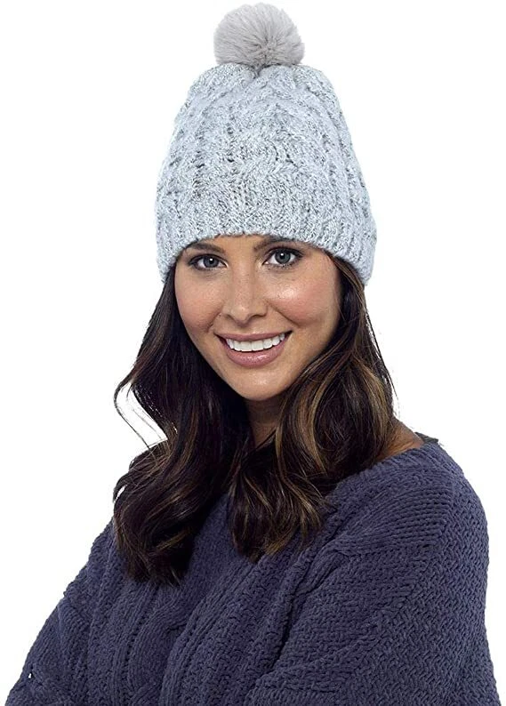 New Ladies Acrylic Wool Cable Knitted Beanie Hat With Faux Fur Bobble By Foxbury - Image 4