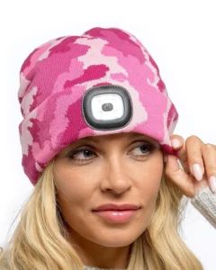 New Ladies Pink Camo Print LED 3 Level Brightness Light Up Beanie Knitted Hat