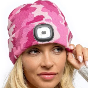 New Ladies Pink Camo Print LED 3 Level Brightness Light Up Beanie Knitted Hat