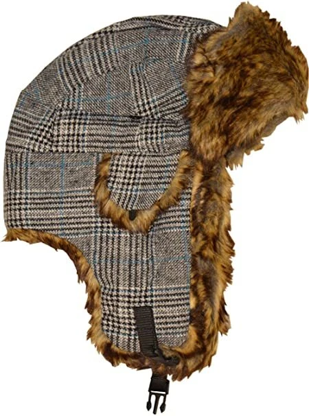 New Men's Faux Fur Trim Winter Warm Checked Trapper Hat By Traditions Head Wear - Image 4