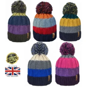New Men's Ladies Striped Winter Fleece Lined Rib Knit Bobble Hat By Rockjock