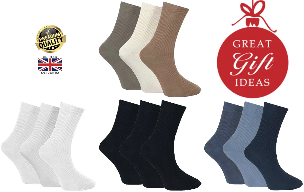New Men's Multi Pack Non Elastic Grip 100% Cotton Flexi Soft Top Diabetic Socks