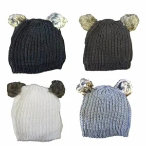 New Women's Girls Double Faux Fur Pom Pom Knitted Beanie Hat By Flagstaff