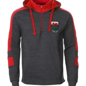 New Men's Wales Cymru Am Byth Welsh 1/4 Zip Grey Hoodie Top Embroidered Design
