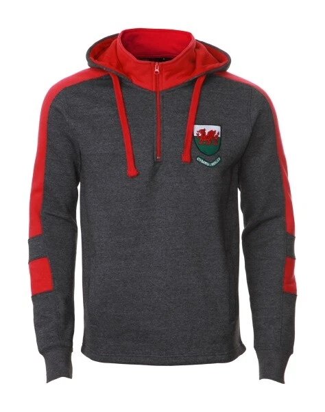 New Men's Wales Cymru Am Byth Welsh 1/4 Zip Grey Hoodie Top Embroidered Design